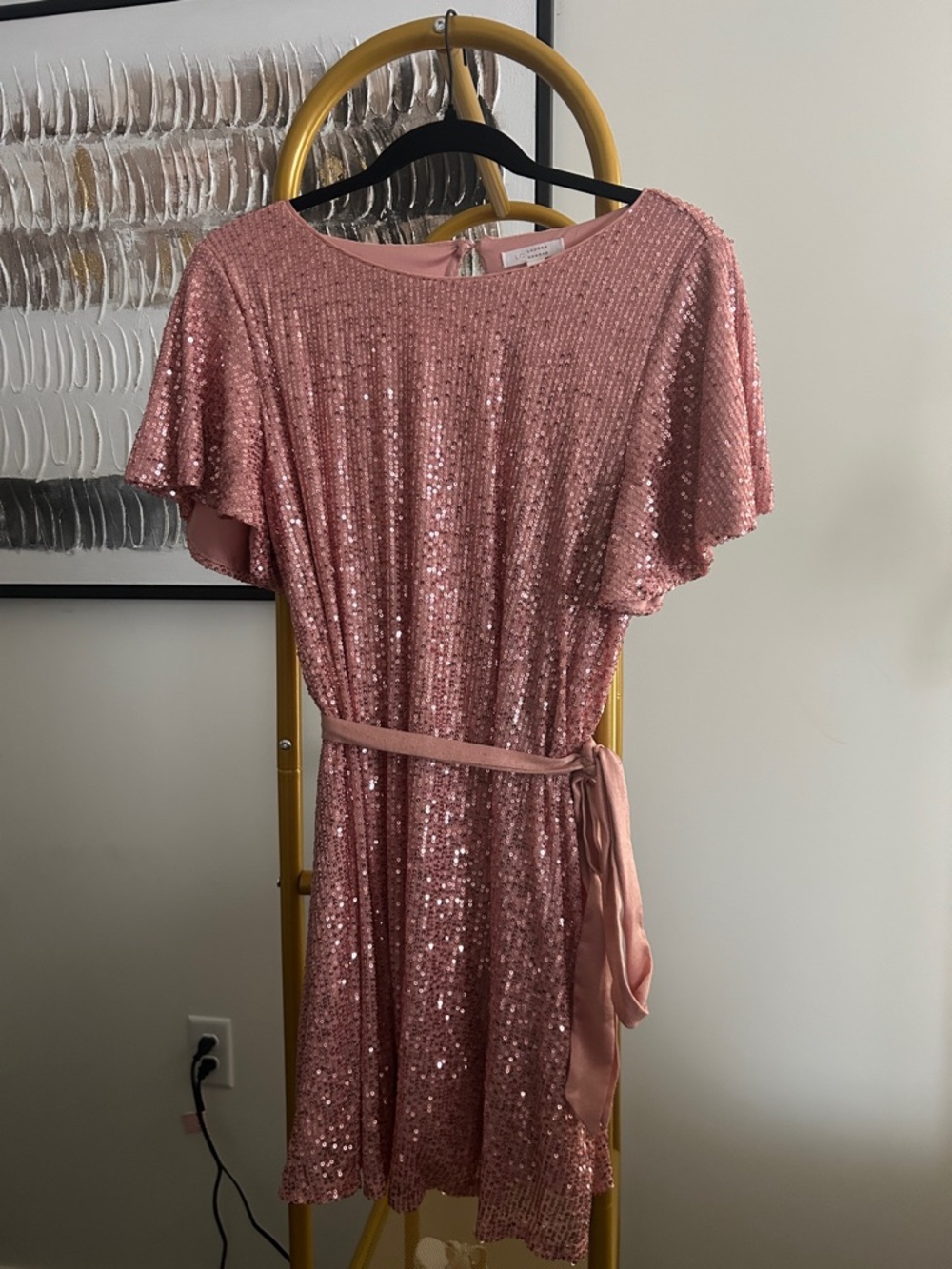 Pink Sequin Flutter Sleeve Dress